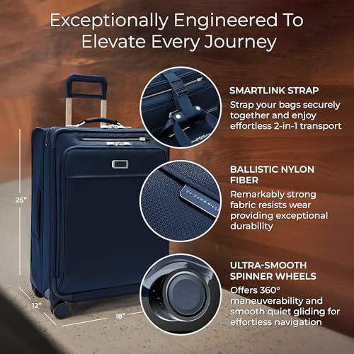 Briggs & Riley 26" Medium Expandable Spinner - Checked Luggage for Travel, Suitcases with Wheels, Softside Rolling Bag for Men & Women, Self-Repairing Zipper - Baseline Collection, Navy