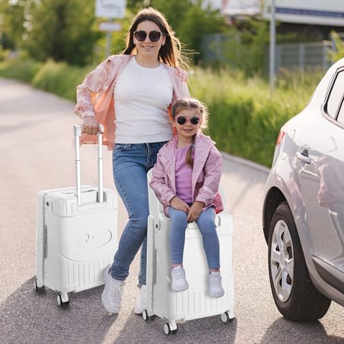 Bulyoou Carry on Luggage with Seat for Kids Expandable Ride on Suitcase with Spinner Wheels and Locks for Travel (20 Inch,White)