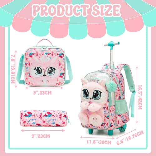 Meetbelify Rolling Backpack for Girls 3D Carton Backpack with Wheels for Elementary Student Kids Plush School Bag with Lunch Box Pencil Case for Girls Ages 6-8 Years Old Pink