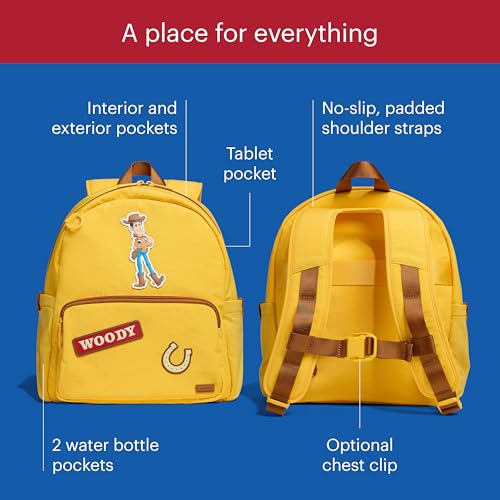 Away Toy Story 5 Kids Backpack - Airline-Approved Personal Item Backpack with Tech Sleeve, Water Bottle Pockets, Interior and Exterior Pockets - Woody Yellow