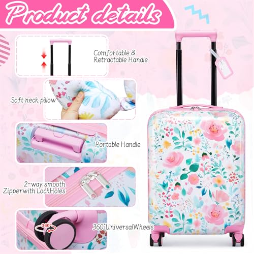 Sanwuta 4 Pcs Kids Luggage Set Carry On Rolling Suitcase Backpack Neck Pillow Travel Set Gift for Girls Boys Summer Camp(18 Inch,Flower Style,Pink Green)