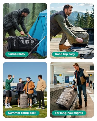 BAGSMART Rolling Duffle Bag with Wheels, Travel Duffel Luggage Bag for Men, Water Repellent Heavy Duty for Travel Camp, Olive Green, Large, 70L