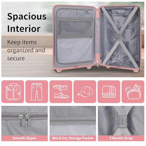 WireHot 22x14x9 Airline Approved Vintage Style Carry On Luggage with Backpack Sets for Women, ABS+PC Hardshell Small 20 inch Retro Suitcase with Protective Cover & Tag (Pink, 20in/BP/TB)