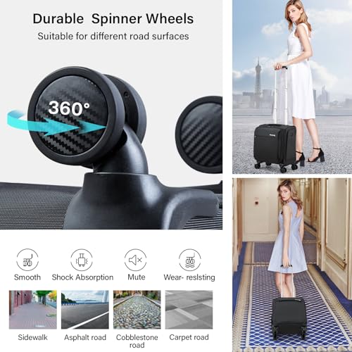 Hanke 16 Inch Underseat Carry On Luggage with Wheels Small Suitcase Softside Luggage Bags, 17.5 Foldable Lightweight Personal Item Travel Bags for Women Men（Black）