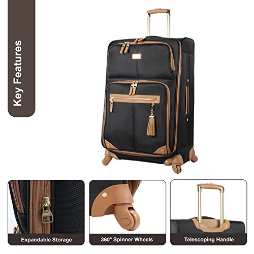 Steve Madden Designer-Gepckkollektion Leichter Softside-Koffer fr Damen und Herren strapazierfhige 50,8 cm groe Tragetasche mit 4 rollenden Spinner-Rdern, Harlo Black, 20in, Carry on Bag With Spinner