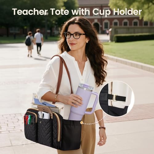 LOVEVOOK Teacher Tote Bag for Women Work, Laptop Bag with Large Cup Holder, Nurse Bag with Multi Pocket, Water-Resistant Business Travel Computer Briefcase Handbag Diaper Bag Mother Gift, 15.6 Inch