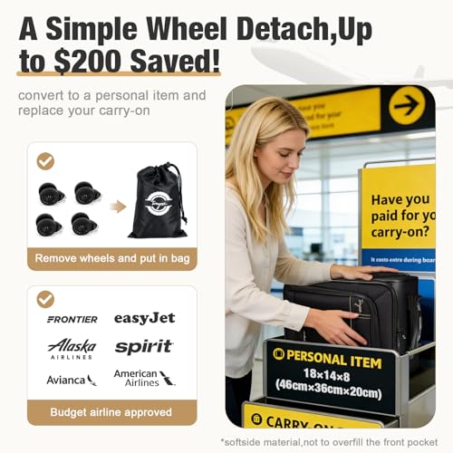 Tonyeee Softside Carry on Luggage Airline Approved, 17 Inch Underseat Carry-on Luggage with Removable Spinner Wheels, Small Personal Item Suitcase for Travel Business (Black, 17 inch_Underseat)