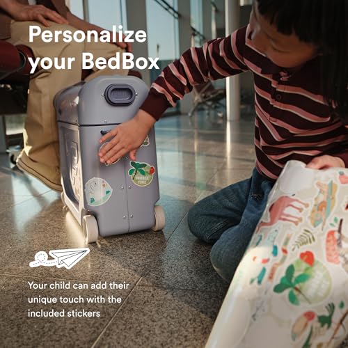 Stokke JetKids BedBox, Arctic Blue - Ride-On Suitcase for Kids 2-7 Years Old (up to 77 lbs) - Transforms Into Bed - Includes Mattress, Decorative Stickers & Adjustable Carrying Strap