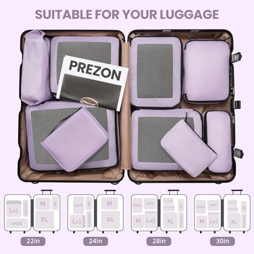 Prezon Mesh Packing Cubes for Travel, Durable Luggage Organizer with Sturdy Material and Double Zippers, Comprehensive Set for Travel Accessories Storage, 10 set, purple