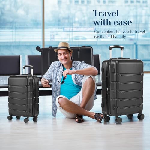 OLIXIS 3-Piece Luggage Set, Carry On Suitcases with Spinner Wheels, Expandable Travel Luggage with TSA Approved Lock & ABS Hard Shell, Black, 20/24/28 Inch
