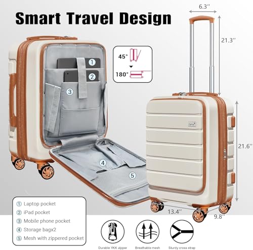 KEYTANG Explorer 20 Inch Carry On - Hardshell Suitcases with Front Pocket, White Brown
