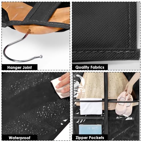 Univivi Dance Costume Bags Garment Bag 40 Inch Hanging Clothes for Dance Competitions, with 3 Medium Clear Zipper Pockets for Dance Costumes, Closet Storage (Black) - 4 Pack