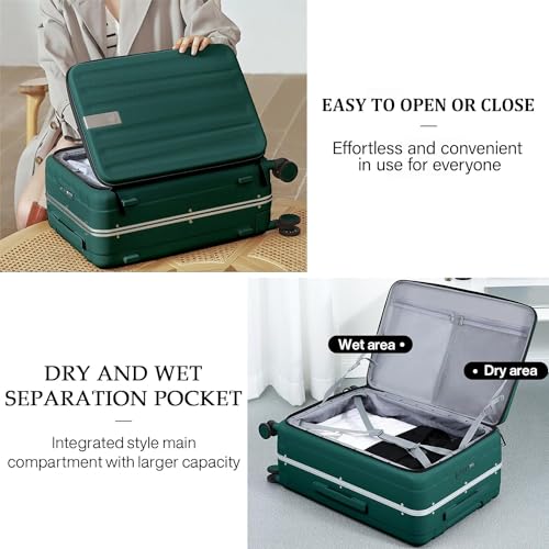 Hanke 20 Inch Carry On Luggage Aluminum Frame Front Opening Rolling Suitcase PC Hard Sided Luggage with Spinner Wheels Travel Luggage for Woman Men Gifts.(Dark Green)