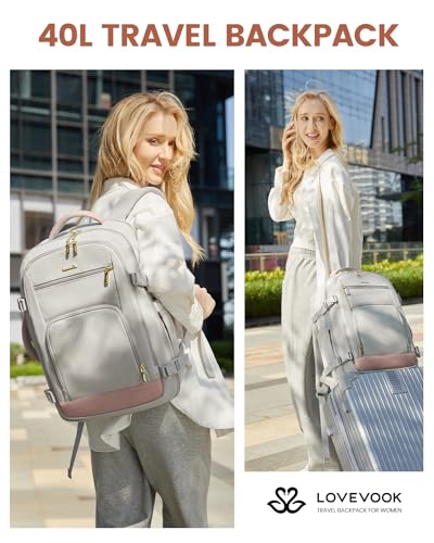 LOVEVOOK Travel Backpack For Women, 40L Carry On Backpack Flight Approved, TSA Personal Item Travel Bag Fits 17 Inch Laptop, Business Weekender Overnight Waterproof Daypack With 2 Cubes, Grey-Pink