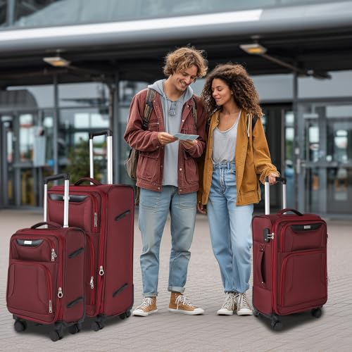 WireHot 3-Piece Softside Expandable Luggage Set with Front Open Pocket, Lightweight and Durable Oxford Fabric Suitcase Set with TSA Lock (Burgundy Wine Red, 20in/24in/28in)