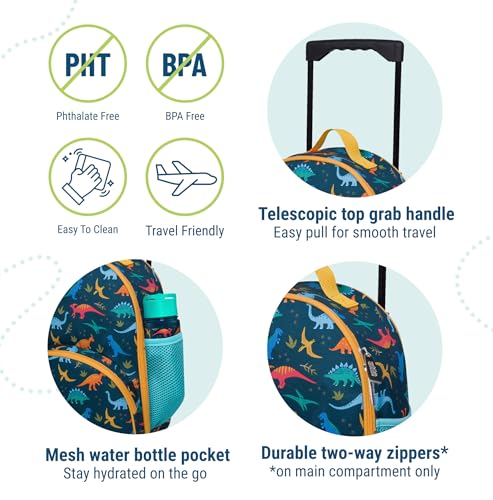 Wildkin Kids 16 Inch Rolling Luggage for Boys & Girls – Lightweight Carry-On Suitcase with Telescoping Handle & Rolling Wheels for School, Travel & Overnight Trips, Ages 3–7 – Jurassic Dinosaurs