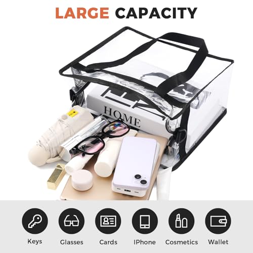 BAGAIL Clear Bags Stadium Approved Clear Tote Bag with Zipper Closure Crossbody Shoulder Bag with Adjustable Strap(12 Inch X 12 Inch X 6 Inch,Black)