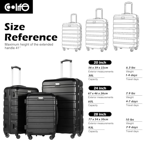 Coolife Luggage 3 Piece Set, Lightweight Durable Hardshell Suitcase set with 360° Spinner Wheels, TSA-approved Lock, Checked Family Travel Luggage sets, 20/24/28 Inch, Black