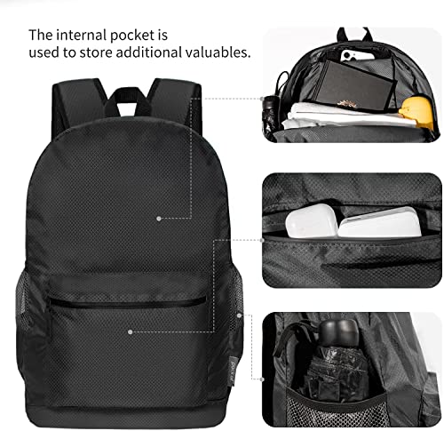 pack all 20L Lightweight Packable Backpack, Water Resistant Foldable Backpack, Travel Hiking Daypack with Waterproof Zippers (Black)