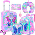 5Pcs Kids Luggage Set, 16" Girls Travel Suitcase with Spinner Wheels, Butterfly Hardside Carry on Toddler Rolling Suitcase Airline Approved（Pink）