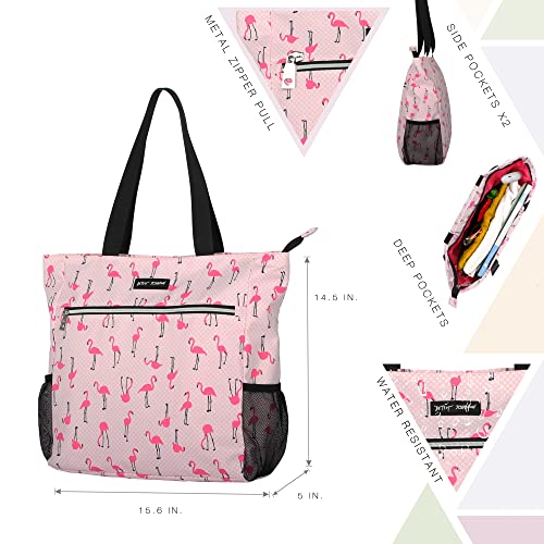 Betsey Johnson 15.6 Inch Zipper Beach Tote Bag Lightweight Large Durable Polyester with Mesh Side Pockets for Gym Work, Flamingo Strut