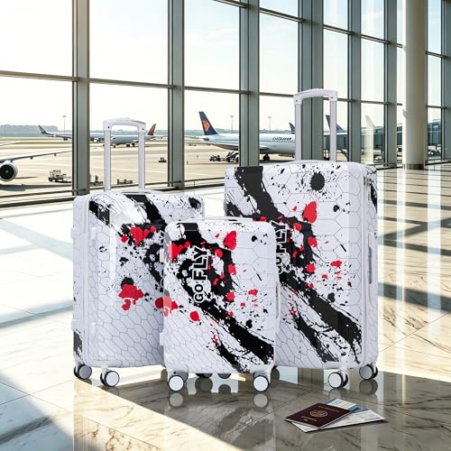 Japovker 3 Piece Luggage Set, 20/24/28 Inch PC Hardshell Suitcases with Printed Pattern, Lightweight Carry On with TSA Lock, 360° Spinner Wheels, Checked Family Travel Luggage sets (Black)