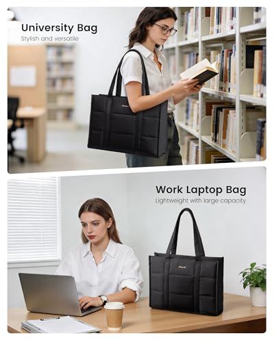 LOVEVOOK Laptop Bag for Women, Puffer Tote Bag for Work 15.6 Inch Large Computer Briefcase for Teacher Nurse, Quilted Lightweight Casual Shoulder Bag For Travel, Daily
