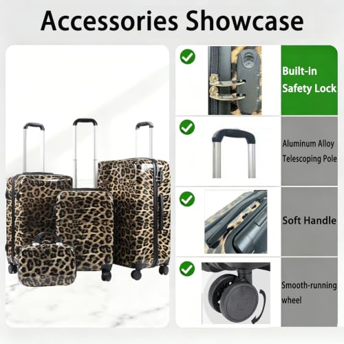 SLLUXEFF Luggage PC Hard-Shell Luggage Dual rotating wheels Leopard Print Luggage Set (4-Piece) (14in20in24in28in) Leopard Print Luggage (4) (Brown) (Brown)