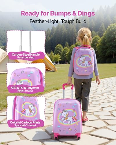 VEVOR Kids Luggage Set, 2 Piece, 18 Inch Hardside Rolling Wheels Suitcase with Hard-Shell Backpack, Unicorn Kids Carry on Luggage Set, Holiday Birthday Gift for Girls & Boys, Airline Approved