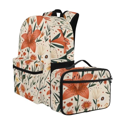 Warmkitty Pastoral Lily Blooms Print Colorful Pattern Kids Backpack Set 2pcs School Bookbag with Lunch Box for Boys Girls