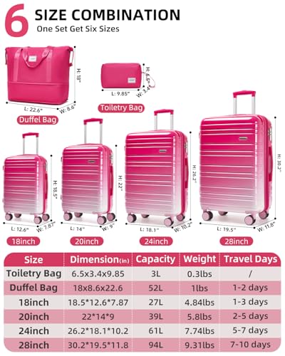 LARVENDER Luggage Sets 6 Piece Hardside Expandable Suitcase with Wheels TSA Lock Double Spinner Wheels, PC+ABS Multicolor Lightweight Travel Luggage Sets for Women, Berry Sparkling