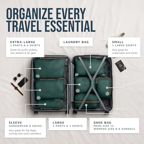 Large Compression Packing Cubes for Travel-Packing Cube Luggage Organizers 7 Piece Set for Checked Luggage-Ultralight, Expandable/Compression Bags by TRIPPED Travel Gear (Green and Brown)