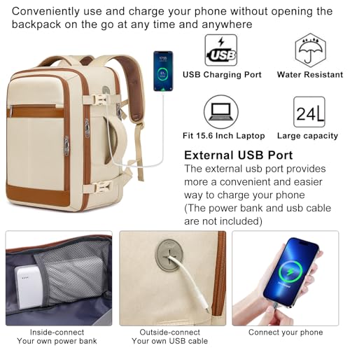 Travel Backpack for Women Airline Approved Carry On Backpack with Shoe Pouch,TSA 15.6inch Laptop Mochila Flight Approved Personal Item Bag for Weekender Overnight Bags Bookbag Travel Essentials,Beige