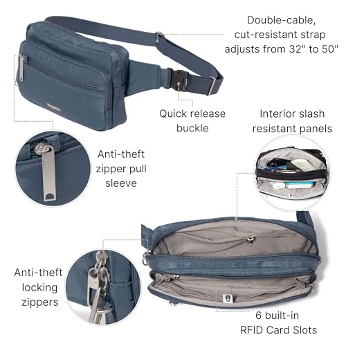 Baggallini Securtex Anti-theft Belt Bag 8.8"x5.5" Crossbody Fanny Pack for Women RFID Wallet Locking Zipper Travel Purse