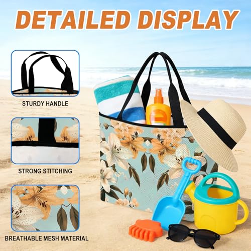 Watercolor Flower Mesh Beach Bag, Lily Seasonal Botanical Blooms Summer Large Tote Bag for Swim Pool Beach Travel