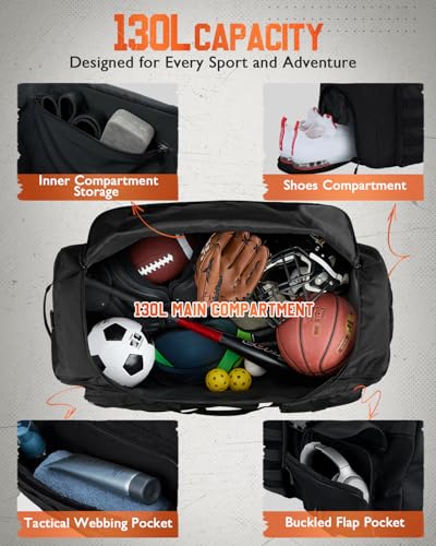 Gonex 130L Extra Large Duffel Bag for Men, Heavy Duty 3 in 1 Convertible Carry Travel Duffle, with Shoe Compartment, Tactical Loops, Sports Gear Bag for Family Trips (Black)
