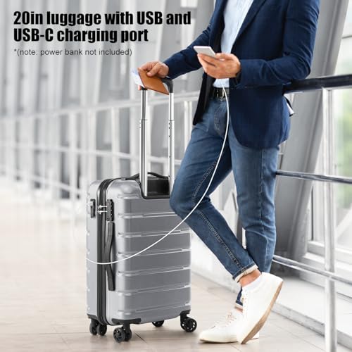 Coolife Luggage 3 Piece Set Suitcase Spinner ABS+PC Hardshell Lightweight TSA Lock USB Port, 20in 24in 28in Carry on Expandable (only 28’’), Silver