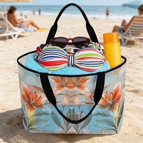 Lily Flower Mesh Beach Bag, Watercolor Country Blooms Spring Botanical Art Large Tote Bag for Swim Pool Beach Travel