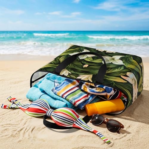 White Lily Flower Beach Bag for Women, Large Breathable Mesh Beach Tote Bag, Tropical Bloom Floral Green Leaf Sandproof Lightweight Travel Bags for Vacation Picnic Swimming Pool 15.7"x15.7"x9.1"