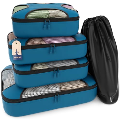 Shacke 5 Set Packing Cubes for Travel – Luggage Organizer & Suitcase Bags with Laundry Bag, Carry On Packing Organizer, Travel Accessories for Women Men (Gentlemen's Blue)