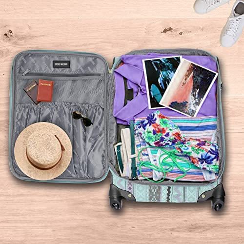 Steve Madden Designer Luggage Collection - 3 Piece Softside Expandable Lightweight Spinner Suitcase Set - Travel Set includes 20 Inch Carry on, 24 Inch & 28-Inch Checked Suitcases (Print/Teal)