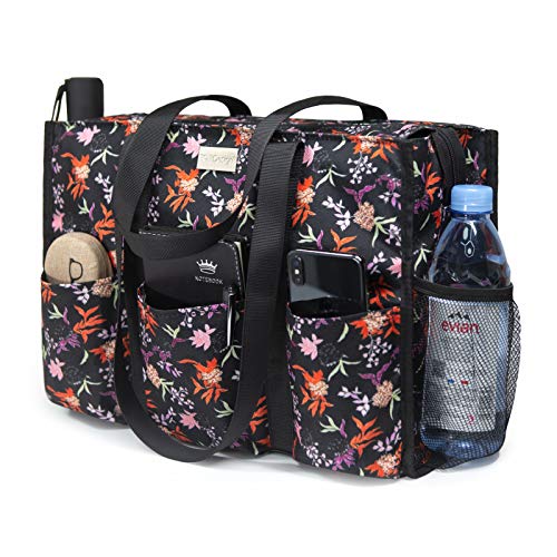TOPDesign Utility Water Resistant Tote Bag with 13 Exterior & Interior Pockets, Top Zipper Closure & Thick Bottom Support, for Working Women, Teachers, Nurses, Accountants (Small Floral)