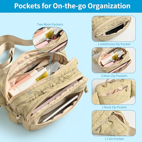 Quilted Fanny Pack for Women, Lightweight Puffy Crossbody Sling Belt Bag with Adjustable Strap, Multi-Pocket Dual Zipper Waist Purse for Travel Running Casual Daily Use (Black)