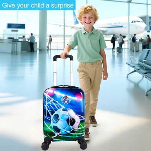 Dynamic Soccer Kids Luggage with Wheels 2PC Set: Airline-Approved Carry On Boys Suitcase with 360° Spinner Rolling, Includes Neck Pillow