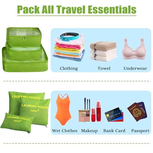 6 Set Packing Cubes for Travel Luggage Organizer Bags Reusable washable Suitcase Packing Cubes Set Travel Accessories Essentials (Green)