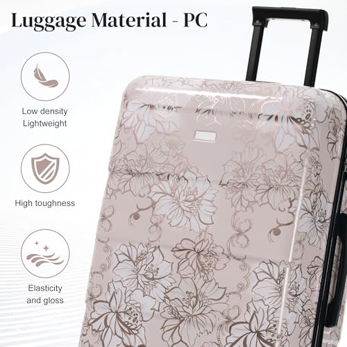 ApilithHive Luggage Sets 5 Piece PC Hardside Suitcase with Spinner Wheels & 3-Digit Lock, 20/24/28" Luggage +14" Cosmetic Case & 8" Handbag for Women (Pink Flower)