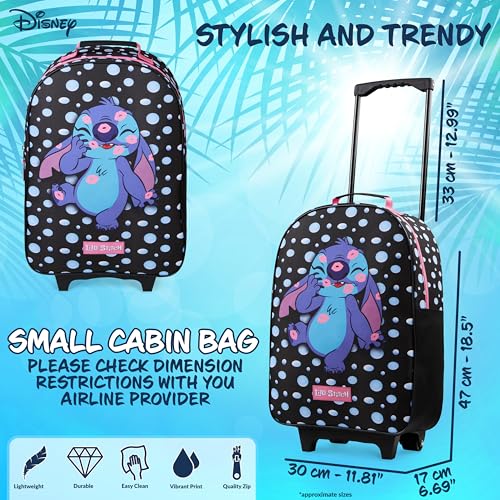 Disney Kids Rolling Luggage 16.0×11.6 in, 16‑L Carry‑On Suitcase with Wheels, Foldable Lightweight Travel Bag, Gifts for Kids (Black Stitch)