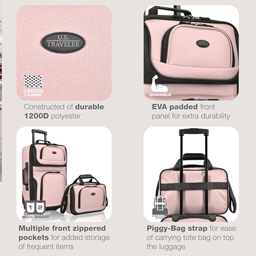 U.S. Traveler Rio Lightweight Softside Rolling Carry-on Suitcase, 2-Wheel Set, Pink