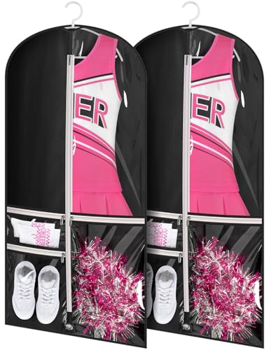 KIMBORA Costume Dance Garment Bag with 3 Clear Zipper Pockets for Suits Dress Cover, Travel Storage & Competitions, Set of 2 (Black)