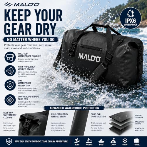 Malo’o Waterproof Dry Duffel, Heavy-Duty Roll Top Waterproof Gear Bag with Shoulder Strap & Molle Loops, Marine Duffel for Kayaking, Boating, Camping, Beach & Travel, Black, 60L
